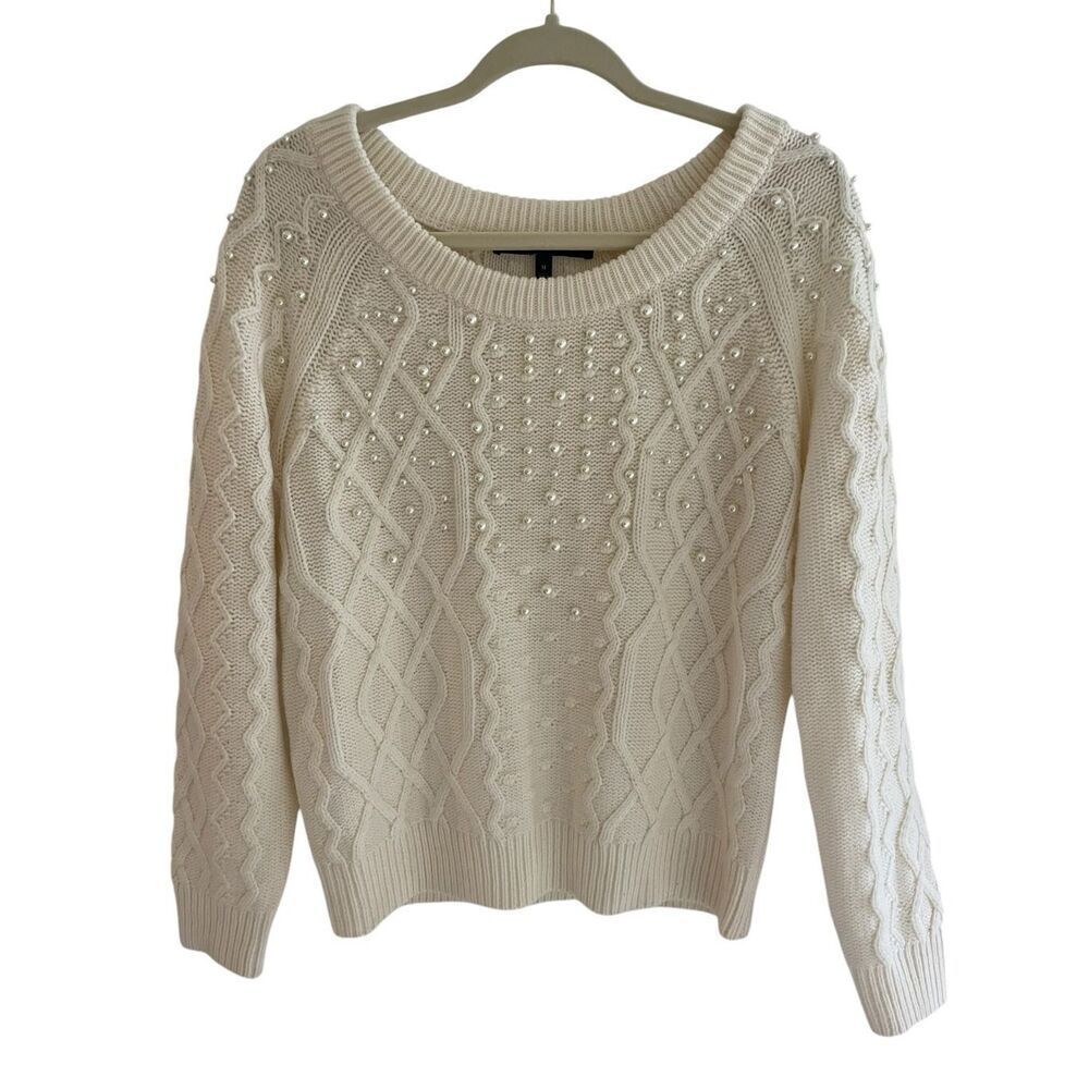White House Black Market Cream Cable Knit Pearl Wool Sweater Women’s Size Medium